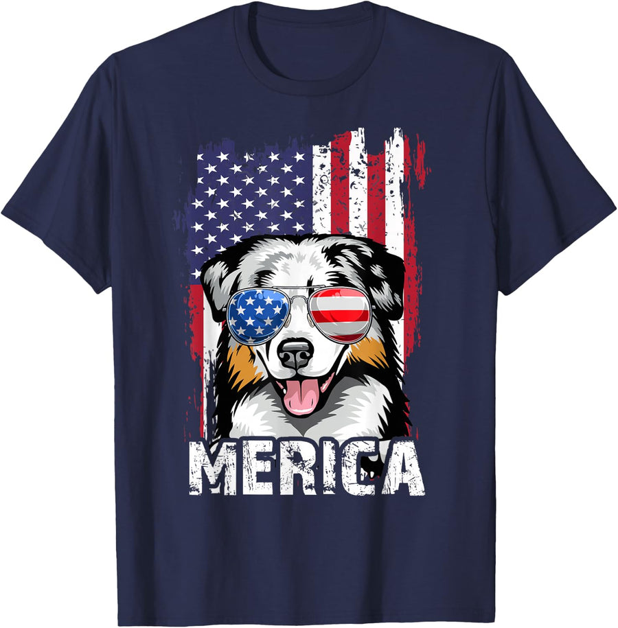 Australian Shepherd 4th of July Merica USA Flag Aussie Dog T-Shirt - Navy Blue
