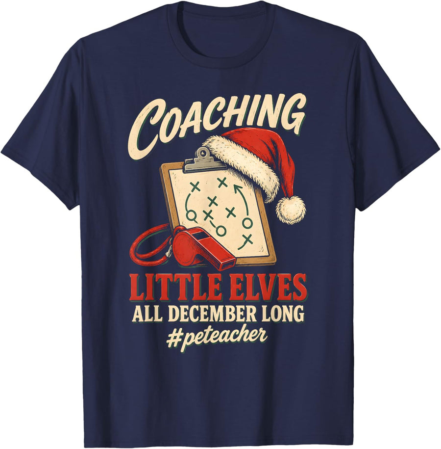 Coaching Little Elves PE Teacher Christmas Vintage Holiday T-Shirt - Navy Blue