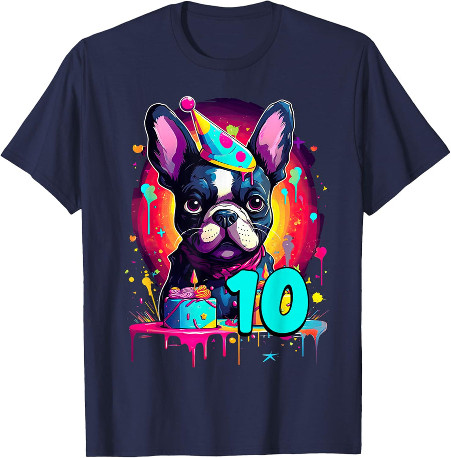 French Bulldog Dog 10th Birthday Themed Party 10 Years Old T-Shirt - Navy Blue