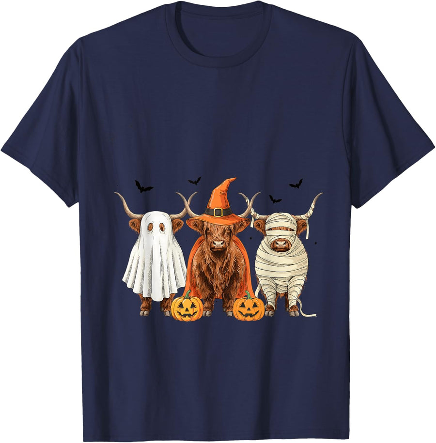 Highland Cow Halloween Pumpkin Spooky Season Costume T-Shirt - Navy Blue