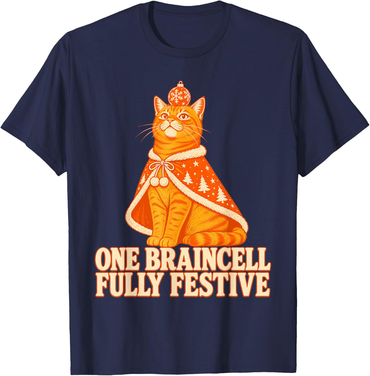 One Braincell Fully Festive Cat Christmas Tabby T-Shirt - Navy Blue