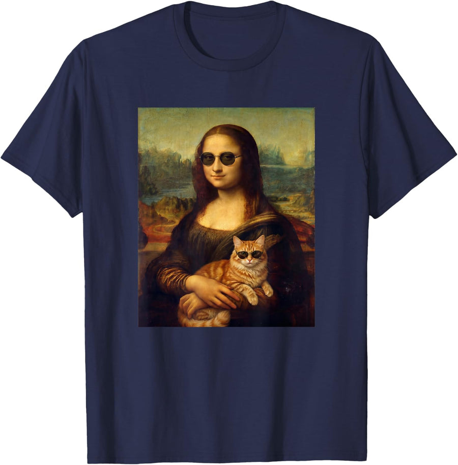 Mona Lisa Art Funny Orange Tabby Cat Meme T-Shirt - Navy Blue