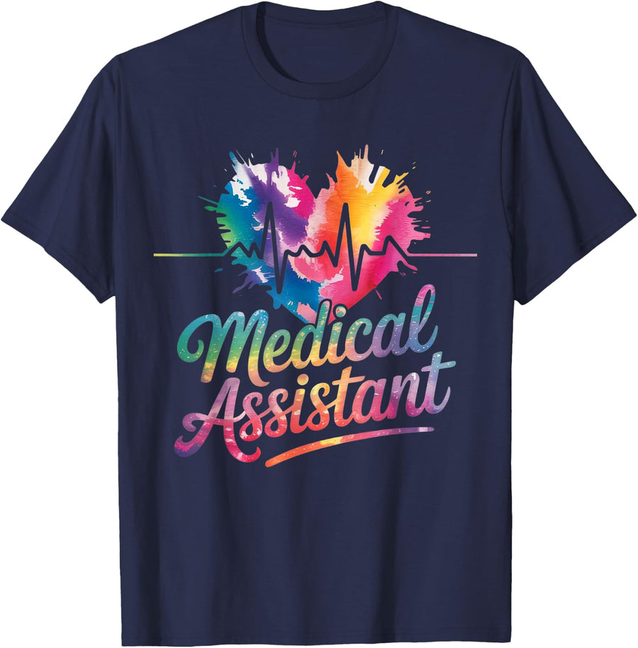 Medical Assistant Watercolor Heart EKG MA Healthcare Worker T-Shirt - Navy Blue