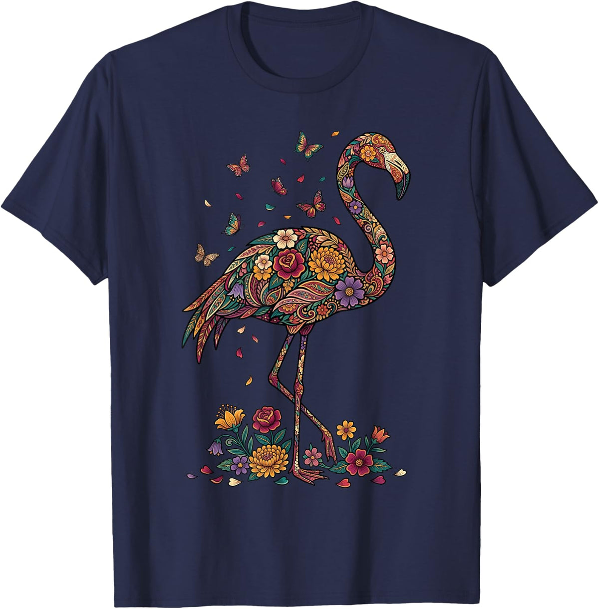 Floral Flamingo with Butterflies T-Shirt - Navy Blue