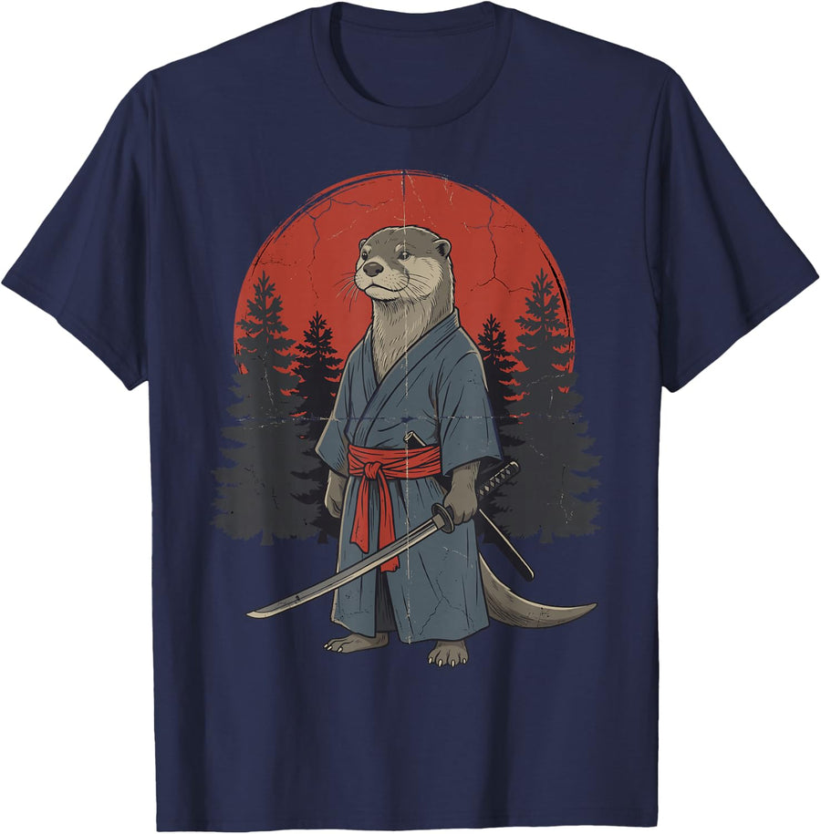 Japanese Art Samurai Otters Tee Otter Sea Wildlife Zoo Meme T-Shirt - Navy Blue