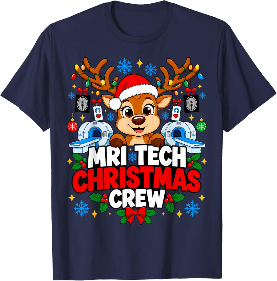 MRI Tech Christmas Crew Reindeer Medical Imaging Xmas T-Shirt - Navy Blue