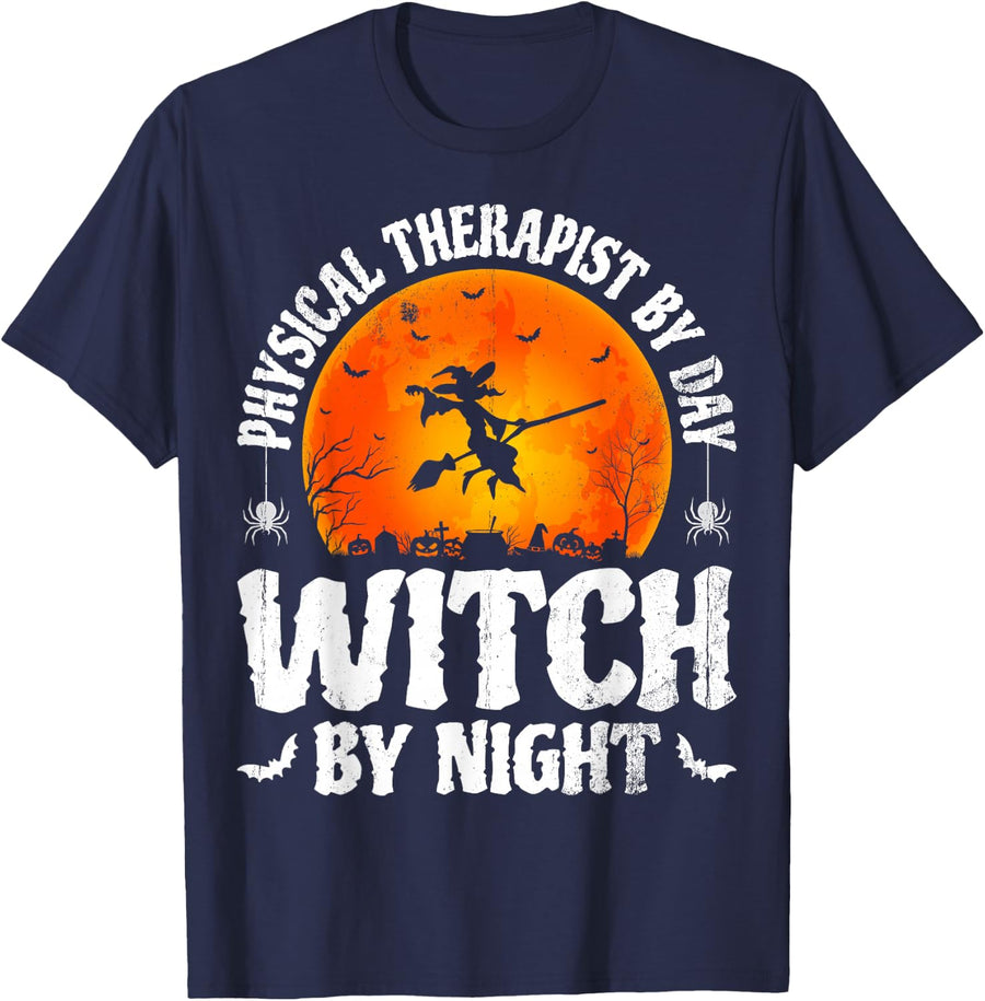 Physical Therapist By Day Witch By Night - Halloween Scary T-Shirt - Navy Blue