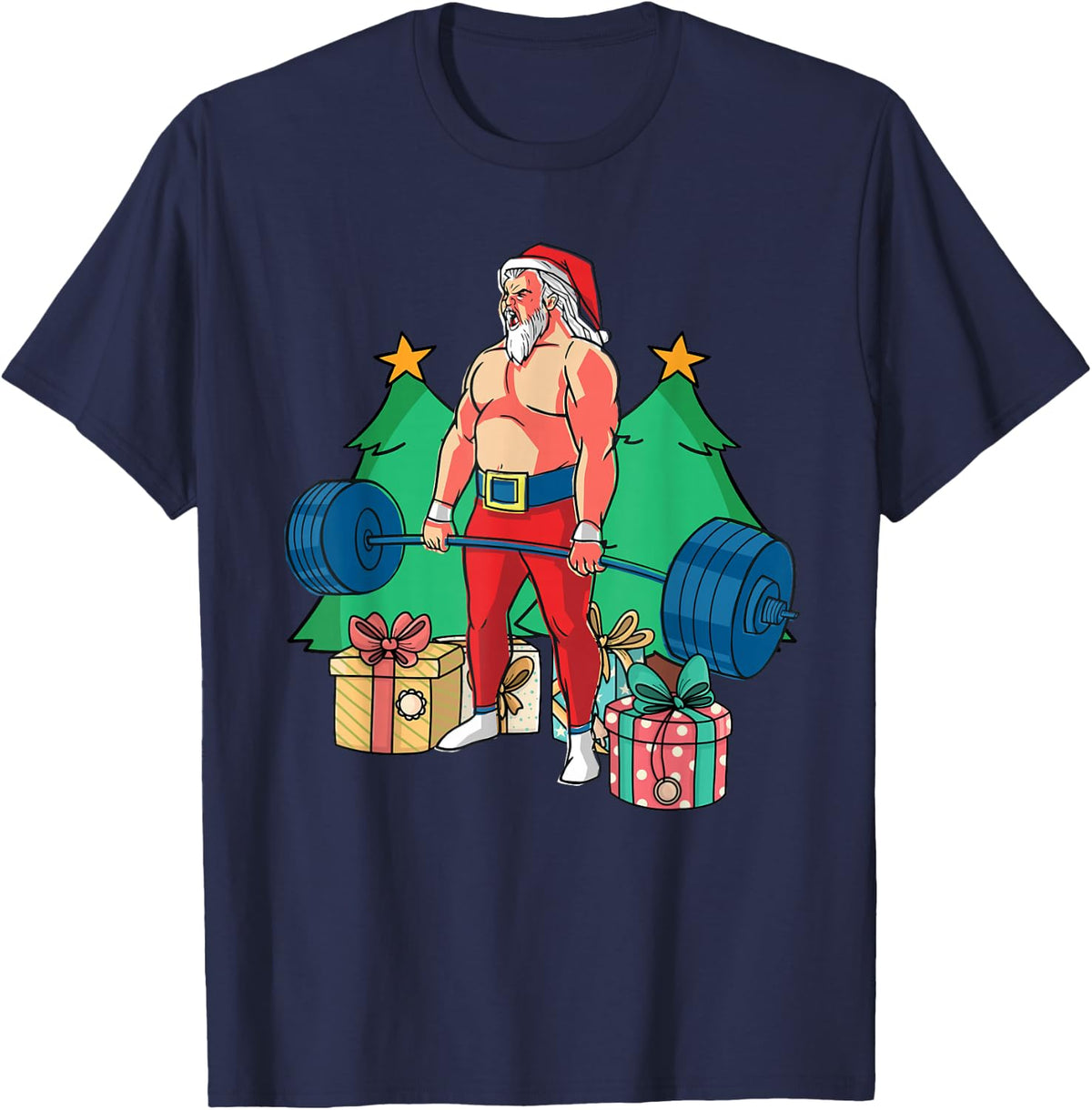 Santa Claus Weightlifting Merry Christmas Fitness Gym Xmas T-Shirt - Navy Blue
