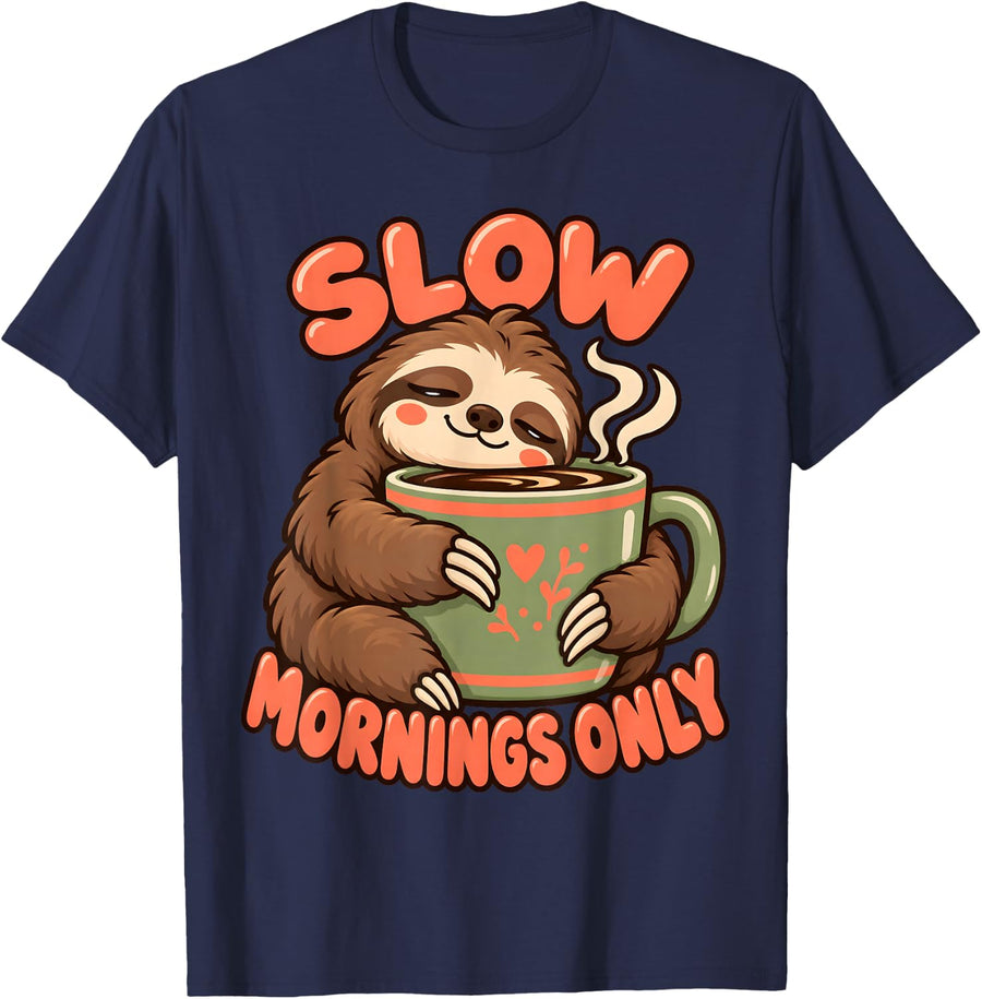Slow Mornings Only Funny Sloth Coffee Lover Lazy T-Shirt - Navy Blue