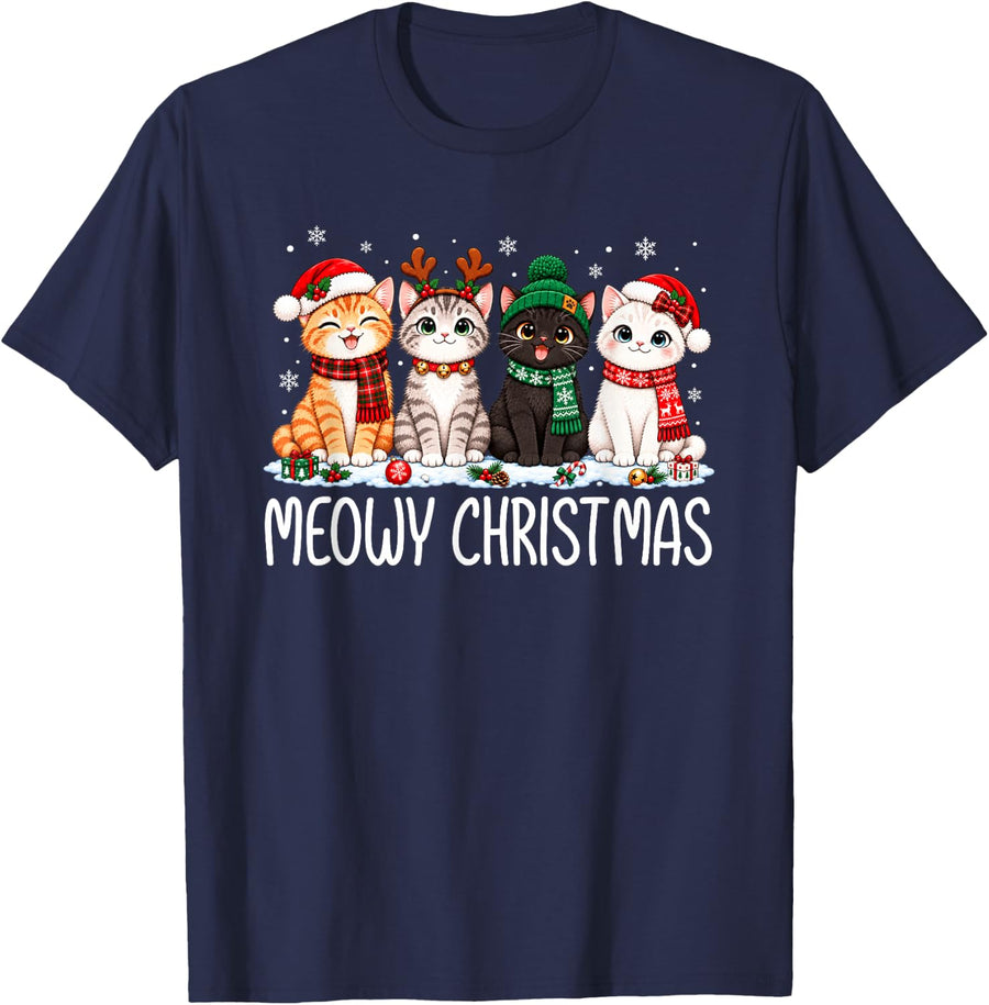 Meowy Christmas Cat Santa Hat Reindeer Snowflake Cat Lover T-Shirt - Navy Blue