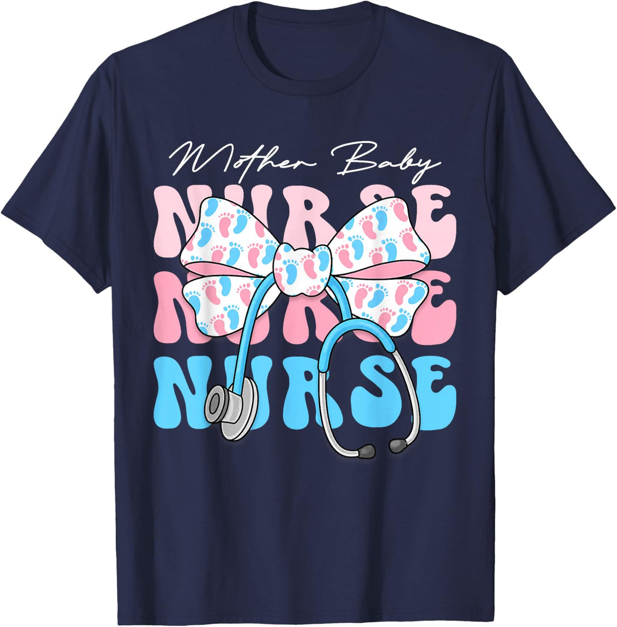 Mother Baby Nurse Team Coquette Blue Stethoscope Bow Doctor T-Shirt - Navy Blue