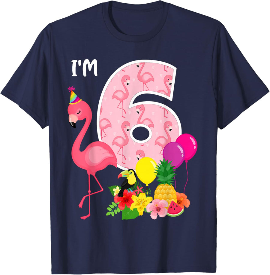 Flamingo Birthday I'm 6 Tropical Flamingo Theme 6th Birthday T-Shirt - Navy Blue