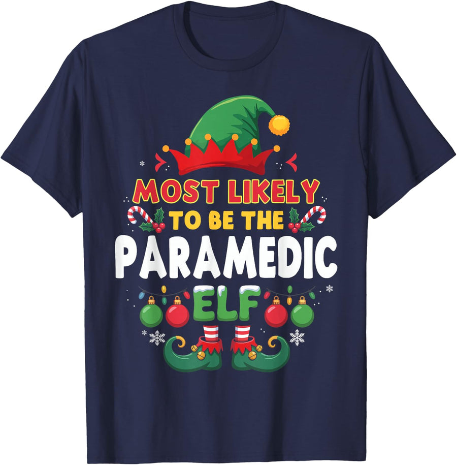 Christmas Elf Most Likely to Be The Paramedic Xmas T-Shirt - Navy Blue