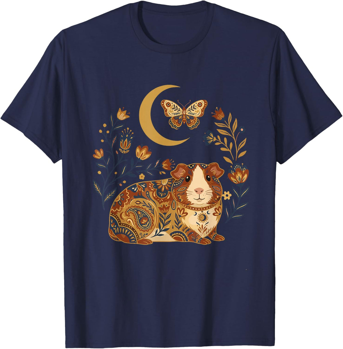 Boho Celestial Guinea Pig Moon Floral Tees T-Shirt for Women Men Animal Shirt - Navy Blue