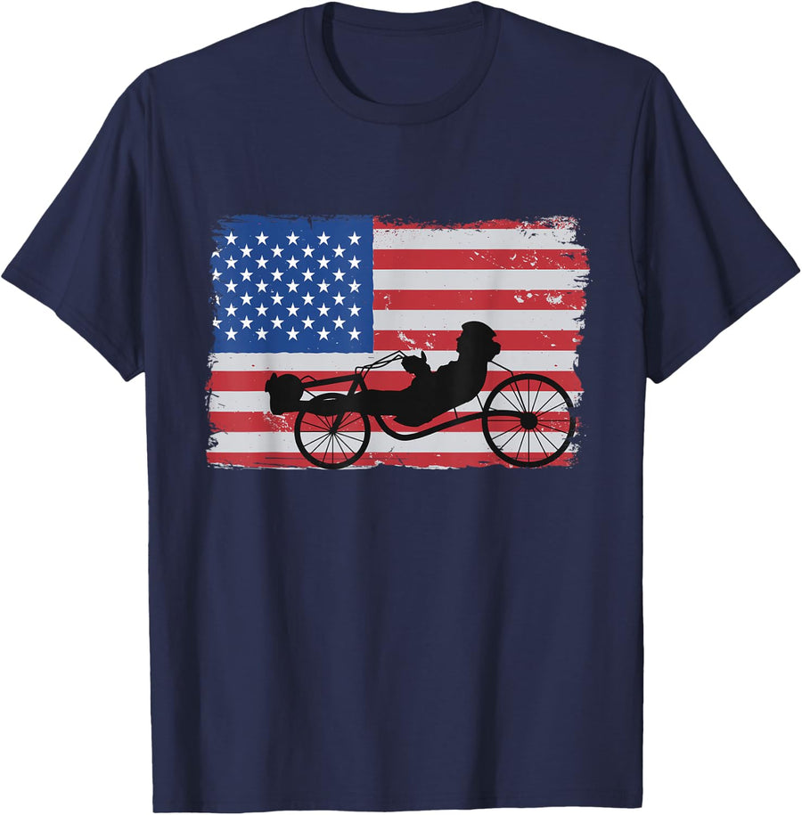 US American Flag 4th Of July Cyclist Recumbent Bicycle T-Shirt - Navy Blue