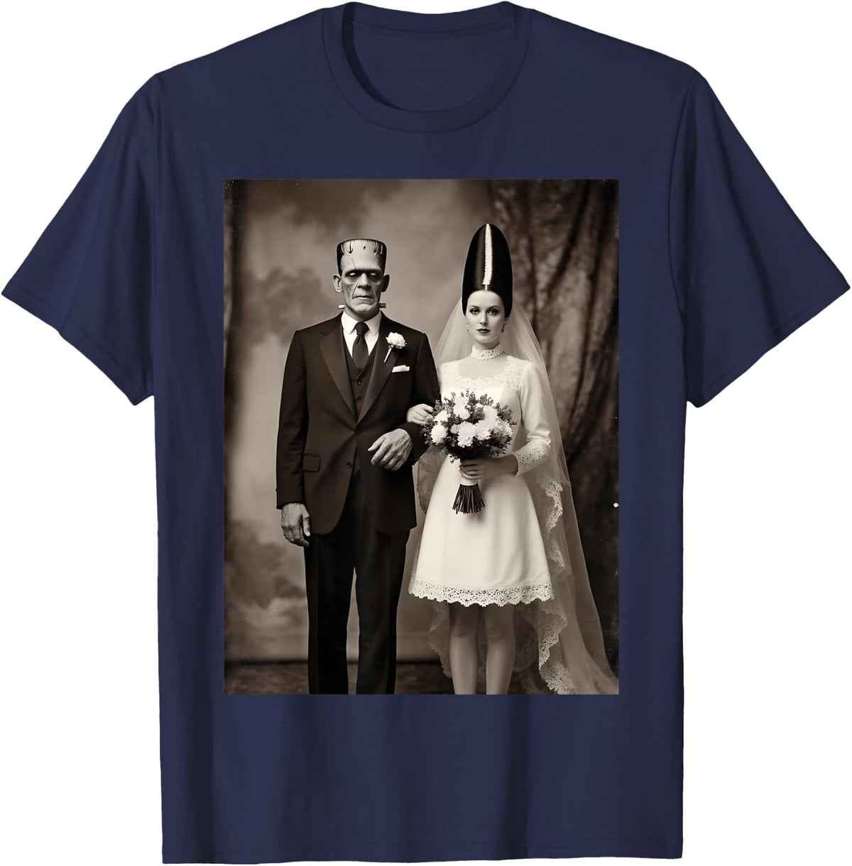 Vintage Gothic Romance Frankenstein Wedding Halloween Party T-Shirt - Navy Blue