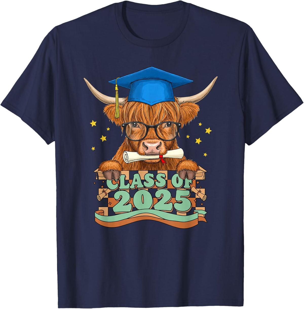 Graduate Highland Cow Class Of 2025 Kids Mens Womens T-Shirt - Navy Blue