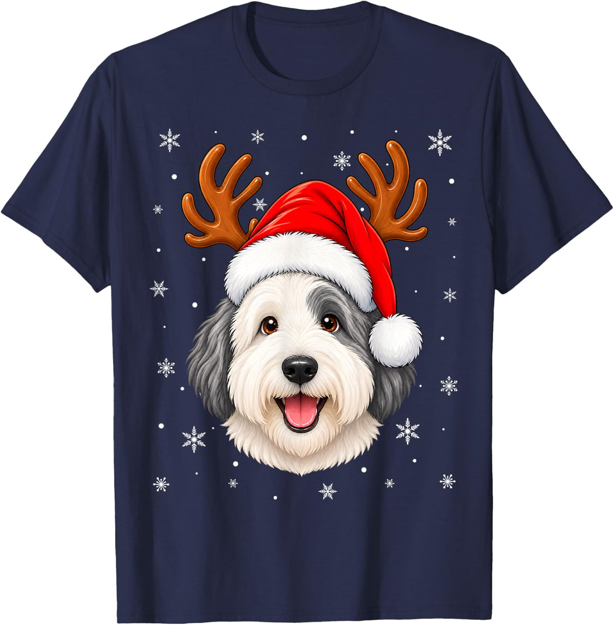 Cute Reindeer Horn Santa English Sheepdog Christmas T-Shirt - Navy Blue