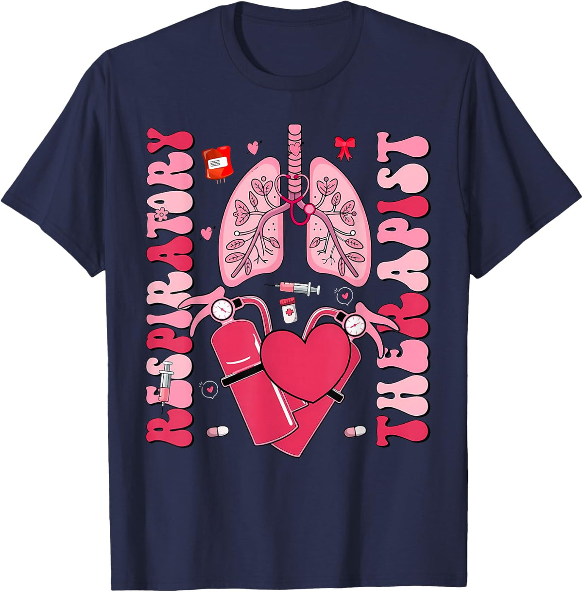 Lung Hearts Respiratory Therapist Valentine Day Pulmonology T-Shirt - Navy Blue