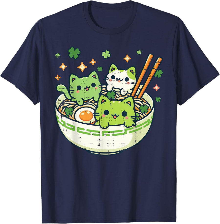 St Patricks Day Ramen Cats Saint Pattys Japan Women Kids Men T-Shirt - Navy Blue