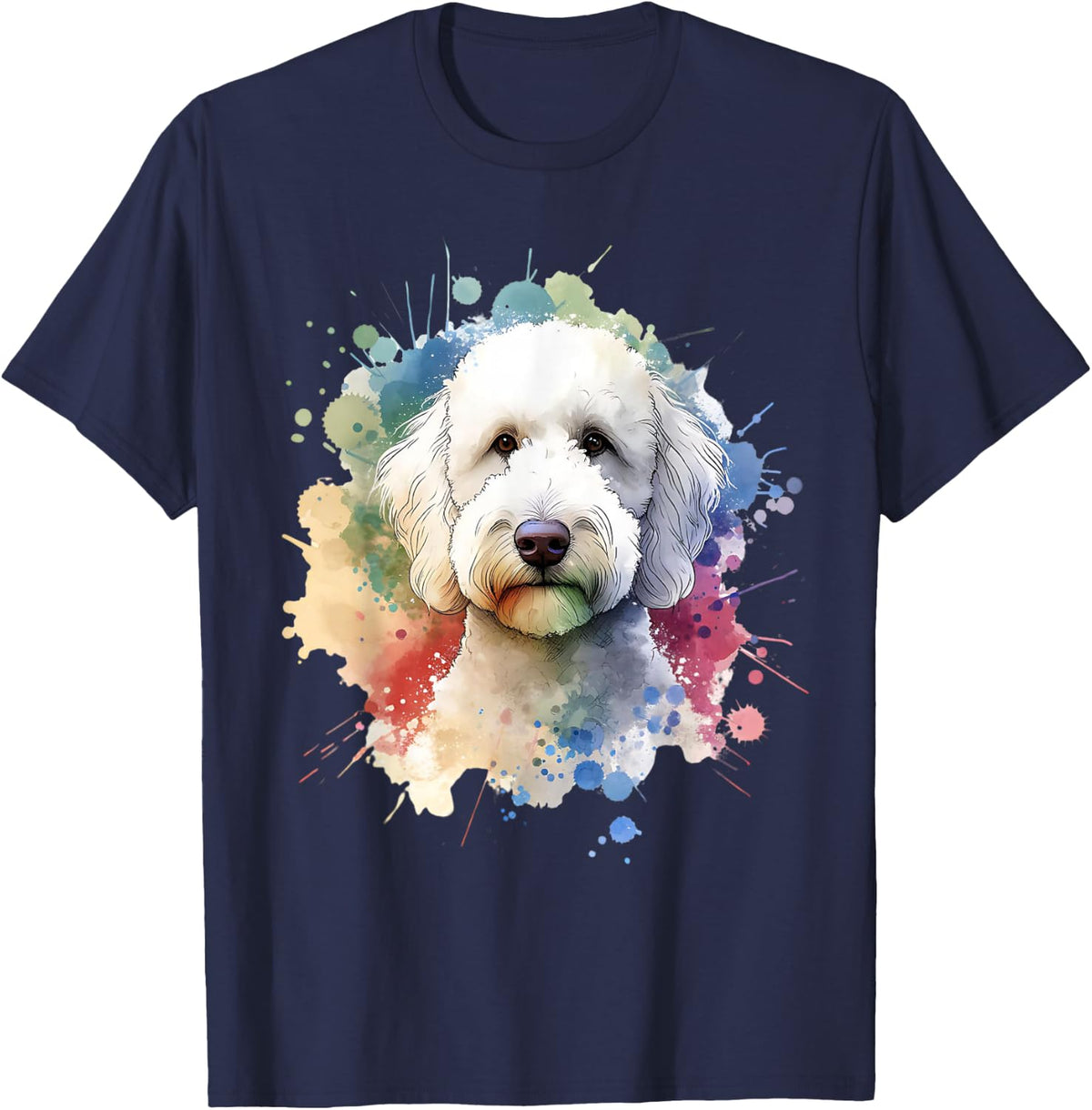 White Labradoodle Dog Watercolor Artwork T-Shirt - Navy Blue