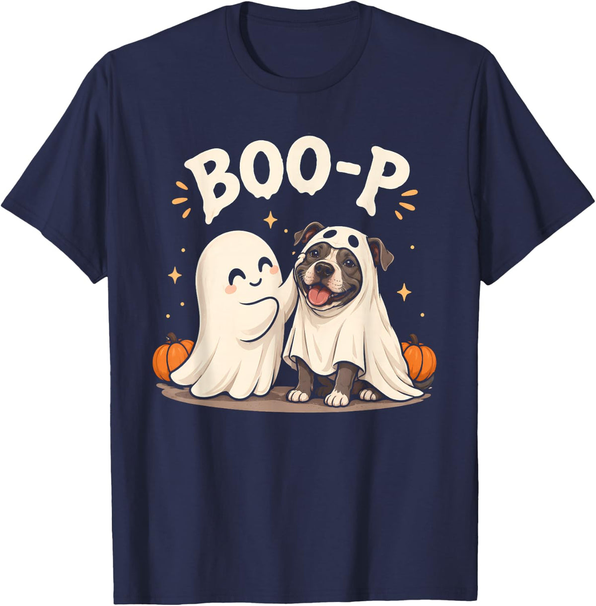 Pit Bull Boo P Ghost Halloween Dog Lover T-Shirt - Navy Blue