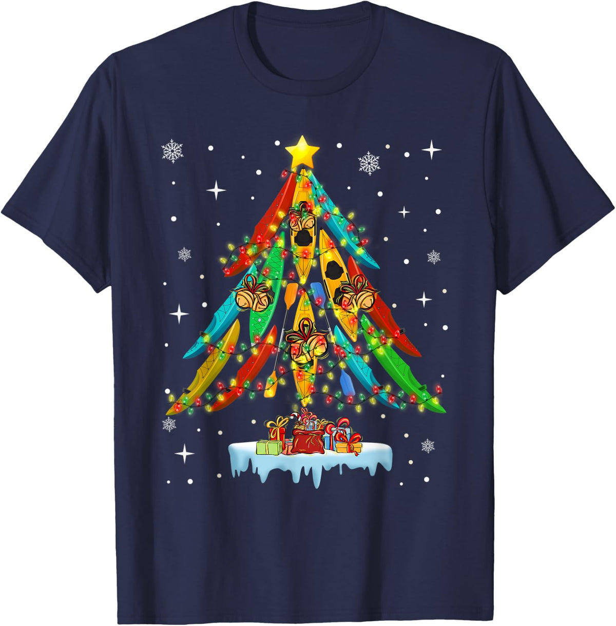 Merry Christmas Tree Kayak Kayaking T-Shirt - Unisex-Adults, Black, Small, Short Sleeve, T-Shirt - Navy Blue