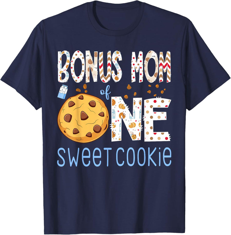Bonus Mom of One Sweet Cookies & Milk 1st Birthday Boy T-Shirt - Navy Blue