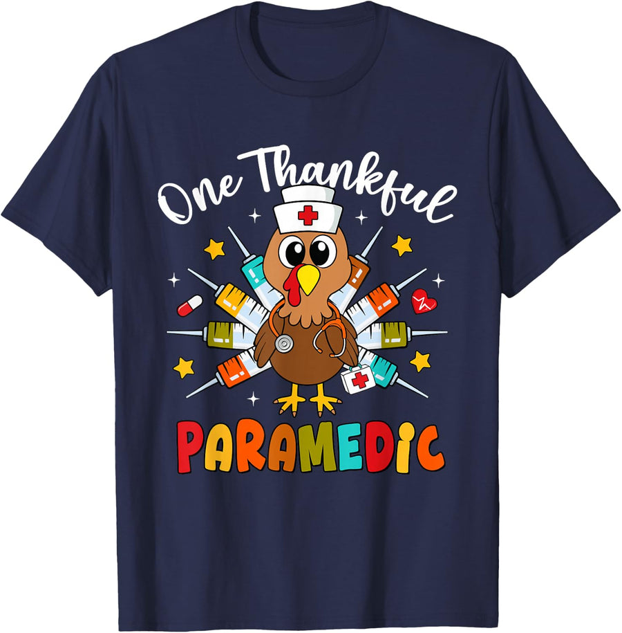 One Thankful Paramedic Turkey Funny Fall Thanksgiving T-Shirt - Navy Blue