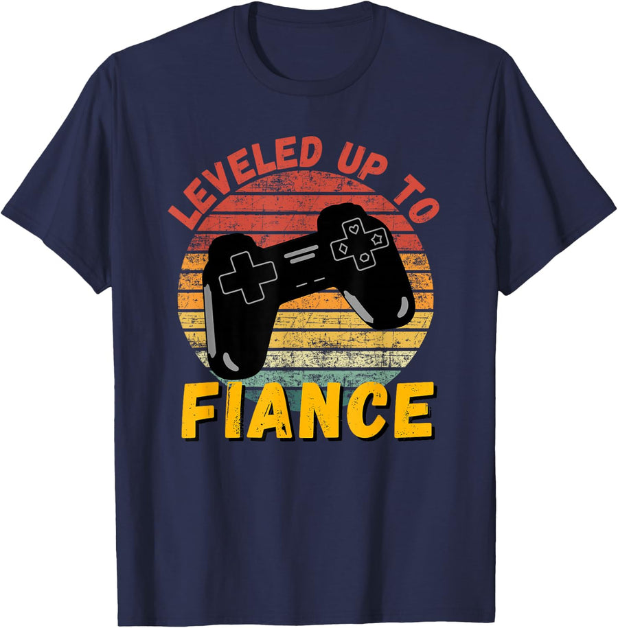 Leveled Up To Fiance Funny Gaming Newly Engaged Couple Gift T-Shirt - Navy Blue