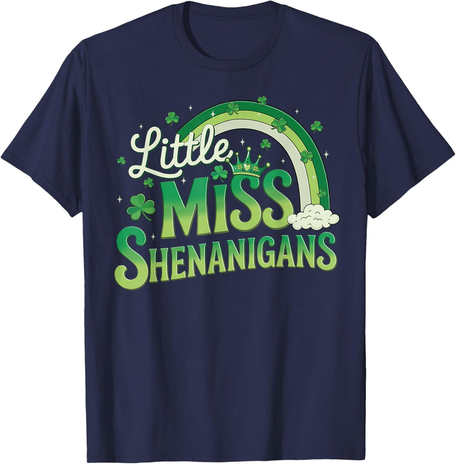 Little Miss Shenanigans for Girls Daughter St Patricks Day T-Shirt - Navy Blue