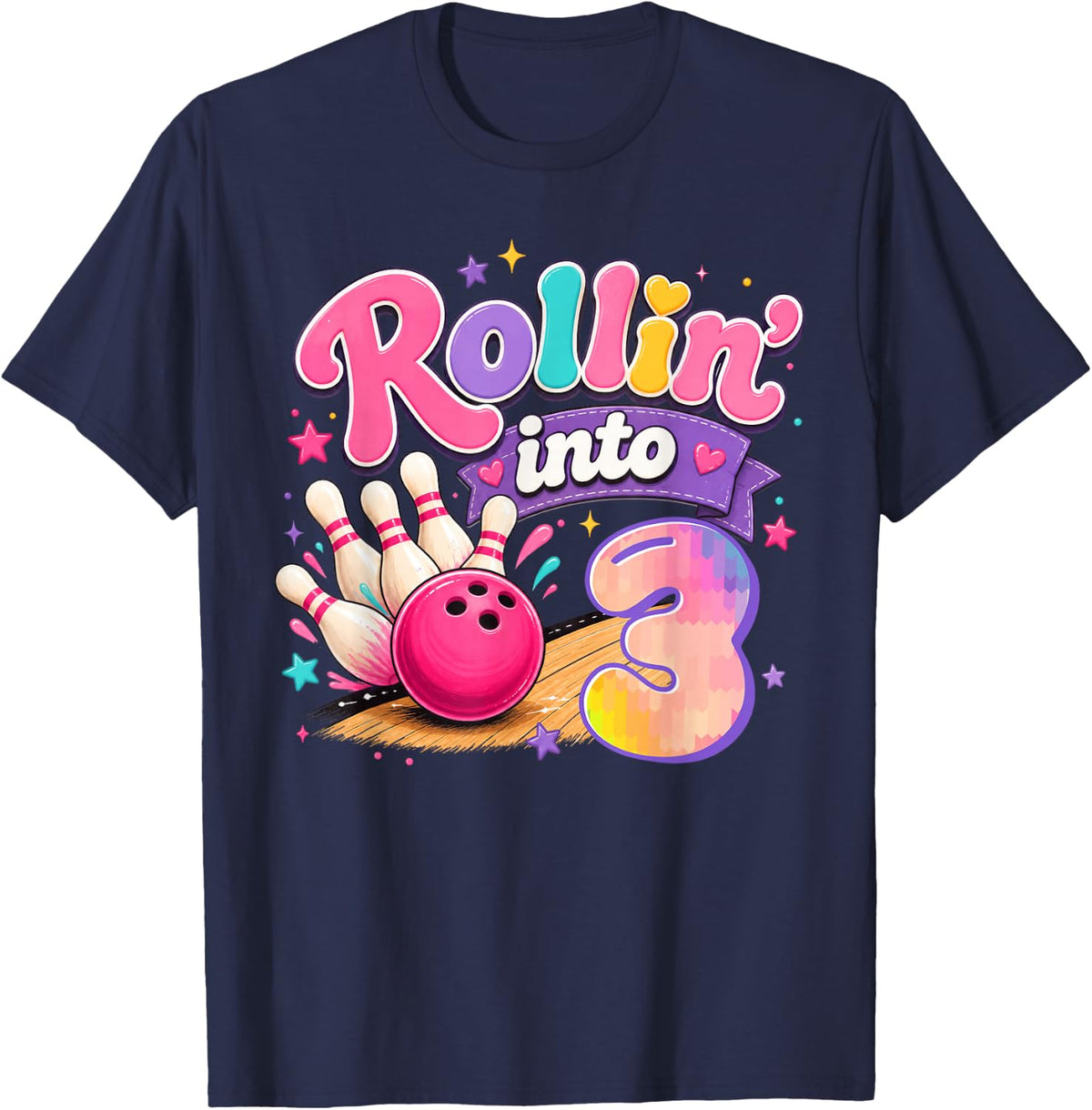 Rollin Into 3 Birthday Girls 3 Year Old Bowling Party T-Shirt - Navy Blue