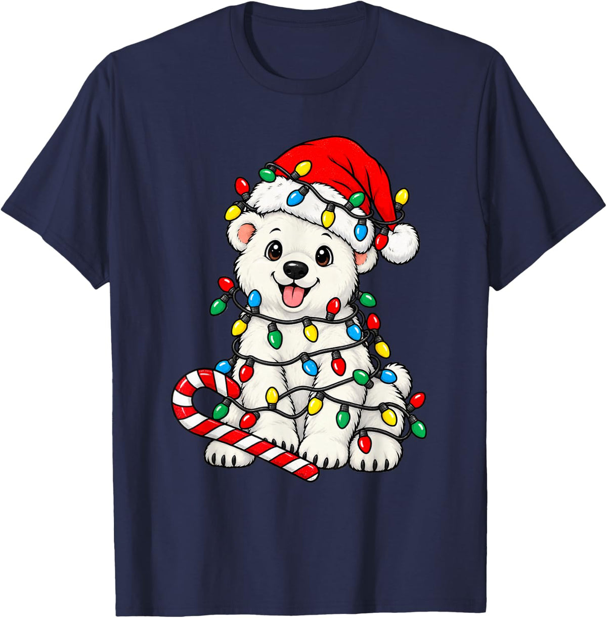 Cute Polar Bear Christmas Lights Santa Xmas Dog Lover T-Shirt - Navy Blue