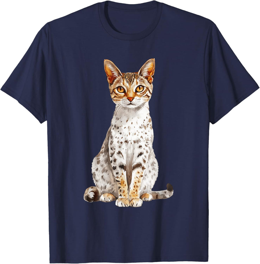 Savannah Cat Watercolor Art Feline Portrait T-Shirt - Navy Blue