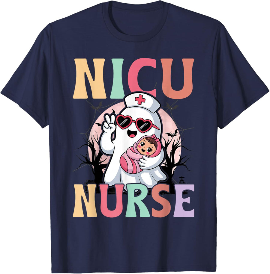 NICU Nurse Spooky Ghost Halloween Cute Nursing Costume T-Shirt - Navy Blue
