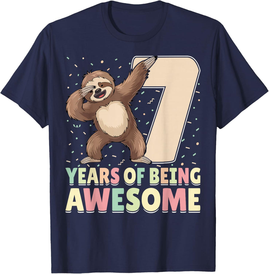 7th Birthday Party Dabbing Sloth 7 Years Of Being Awesome T-Shirt - Navy Blue