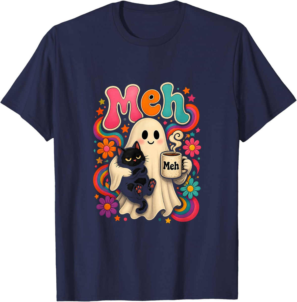 Meh Funny Ghost Cat Spooky Black Cat Halloween Coffee Lover T-Shirt - Navy Blue