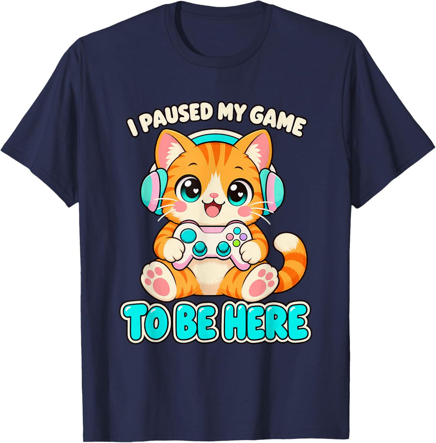 Funny Gamer Kawaii Tabby Cat Headphones Controller Gaming T-Shirt - Navy Blue