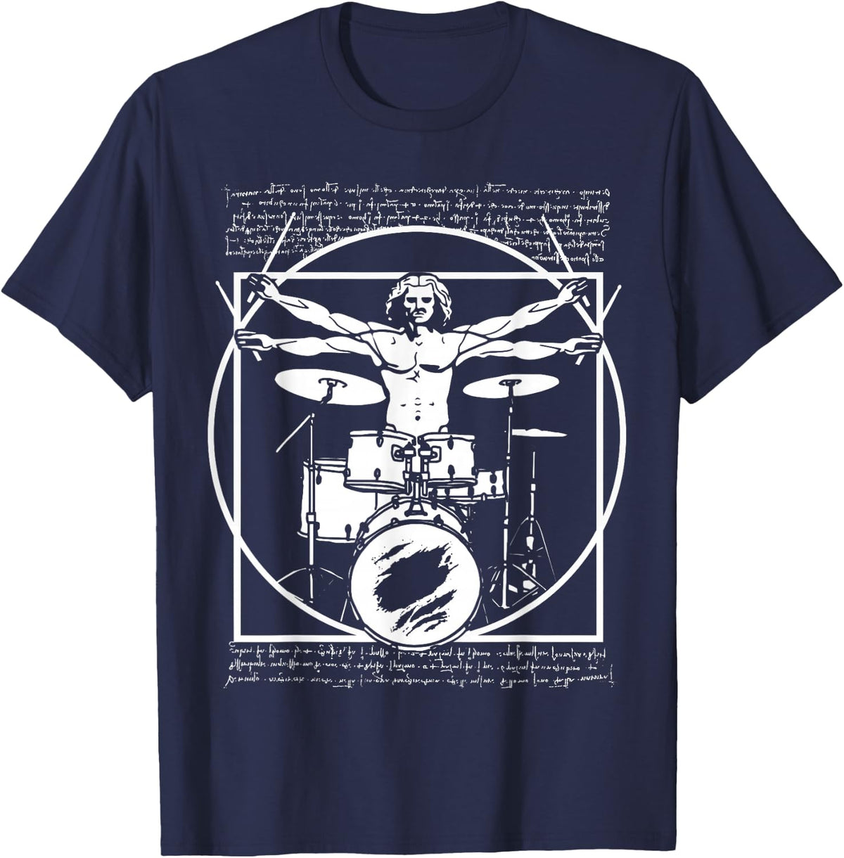 Da Vinci Vitruvian Man Drummer Drum Player T-Shirt - Navy Blue