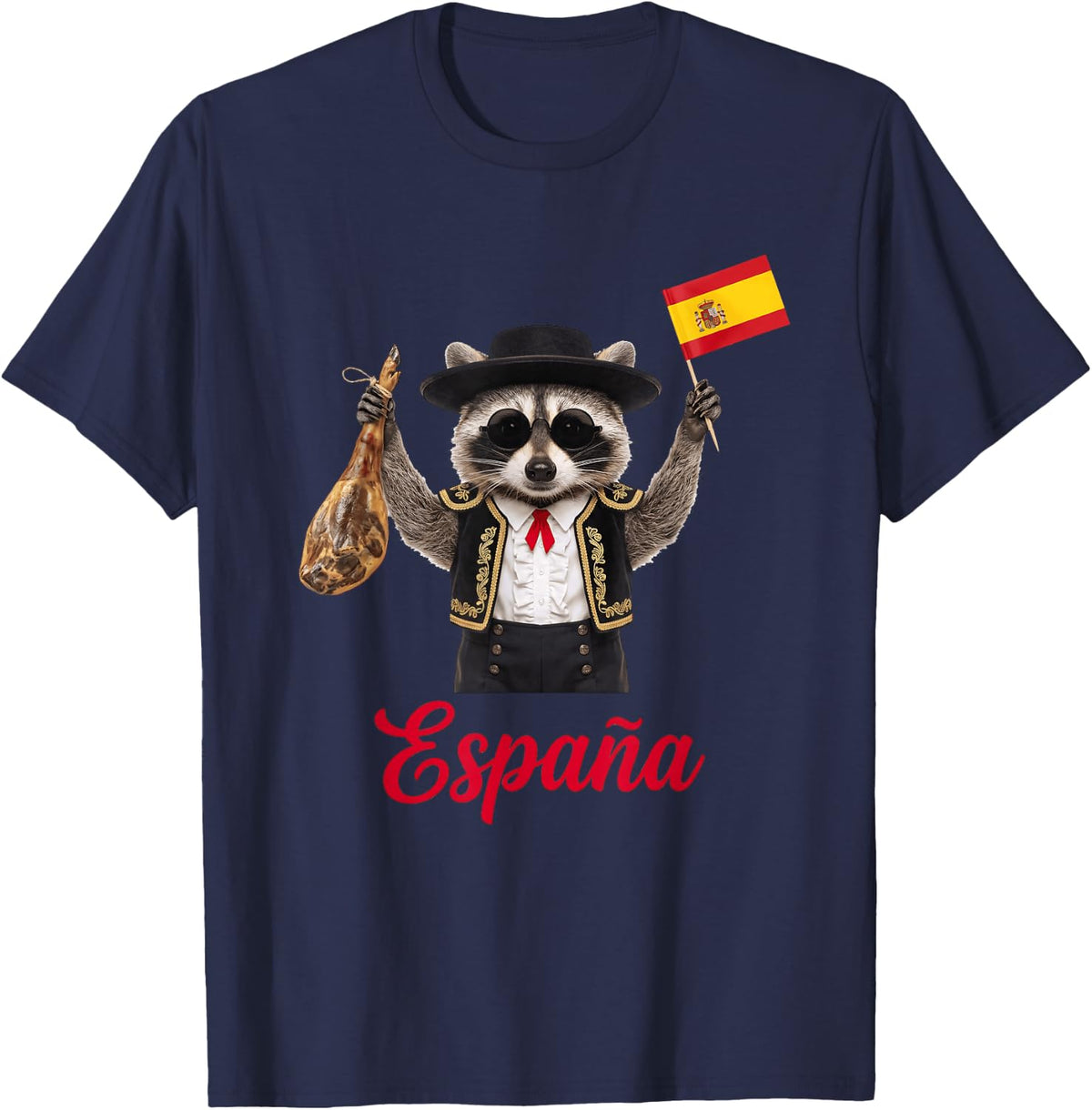 Funny Spain Raccoon with Spanish Dish and Outfit T-Shirt - Navy Blue