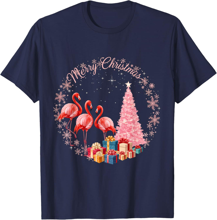 Flamingo Light Xmas Snow Hat Santa Merry Christmas Tees T Shirts - Navy Blue