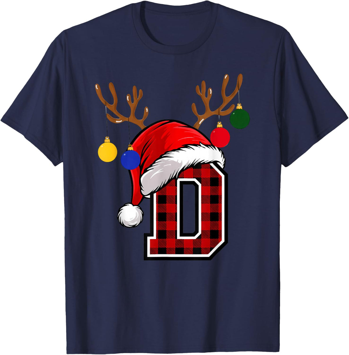 Letter D Name Initial Buffalo Plaid Alphabet Monogram T-Shirt - Navy Blue