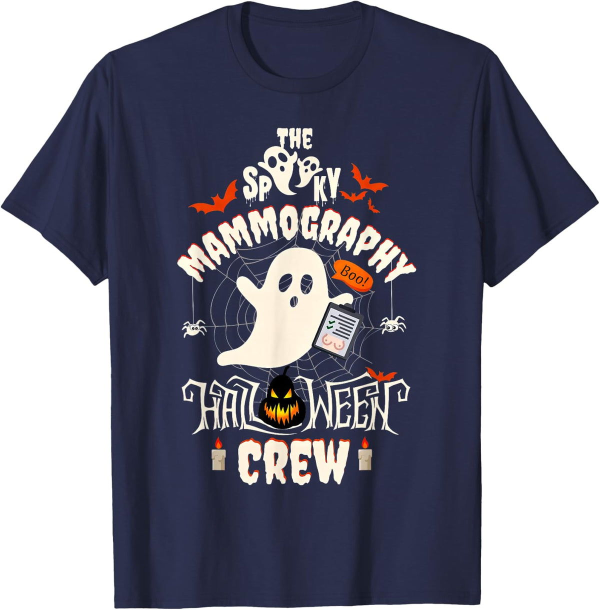 Spooky Mammography Halloween Crew Mammo Tech Mammogram Ghost T-Shirt - Navy Blue