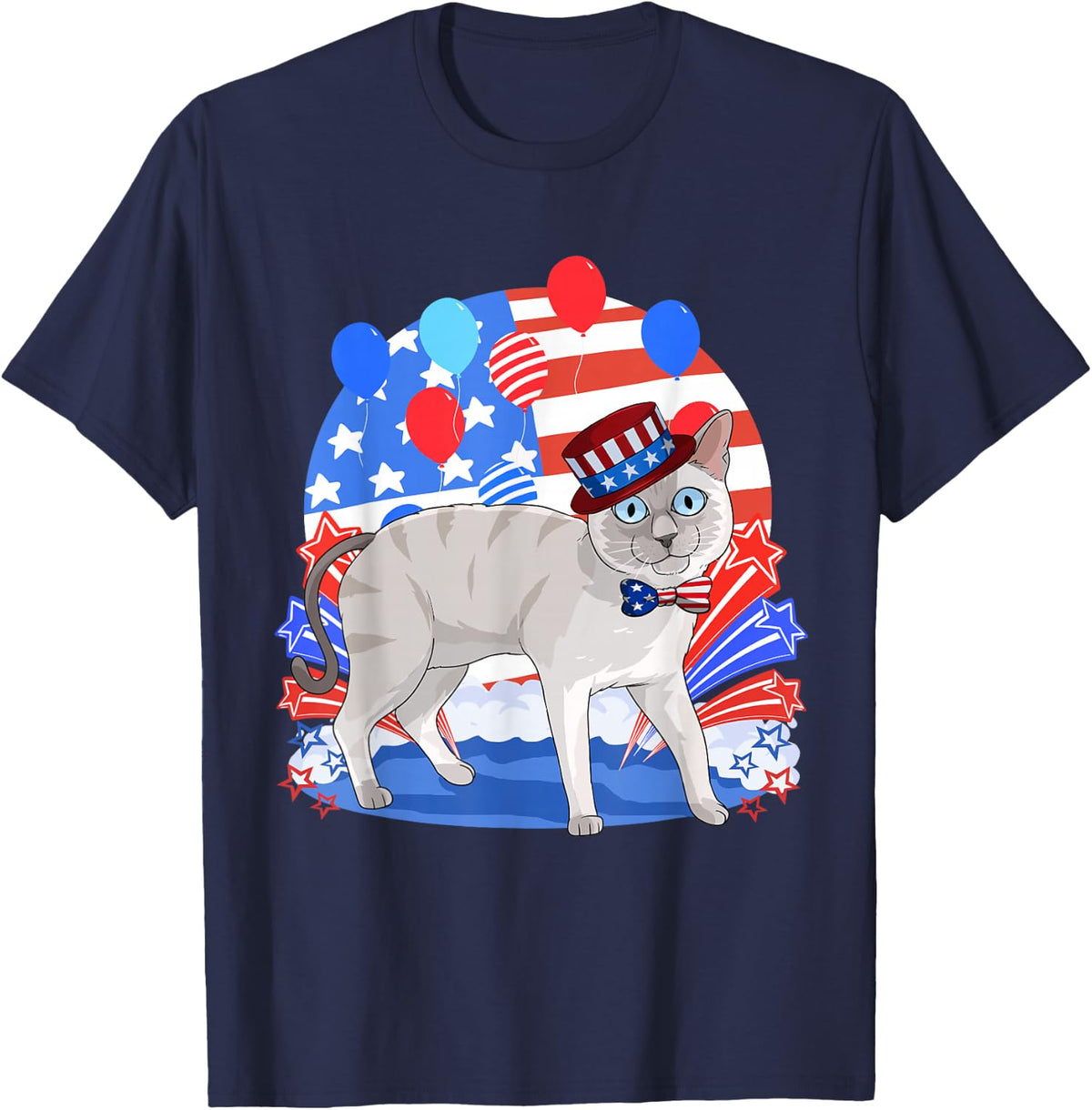 Blue Point Siamese Merica 4th of July American Patriotic T-Shirt - Navy Blue