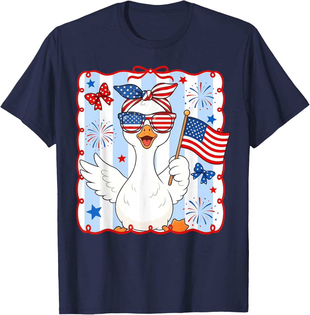 Funny Goose 4th of July American Flag Preppy Women Girl T-Shirt - Navy Blue