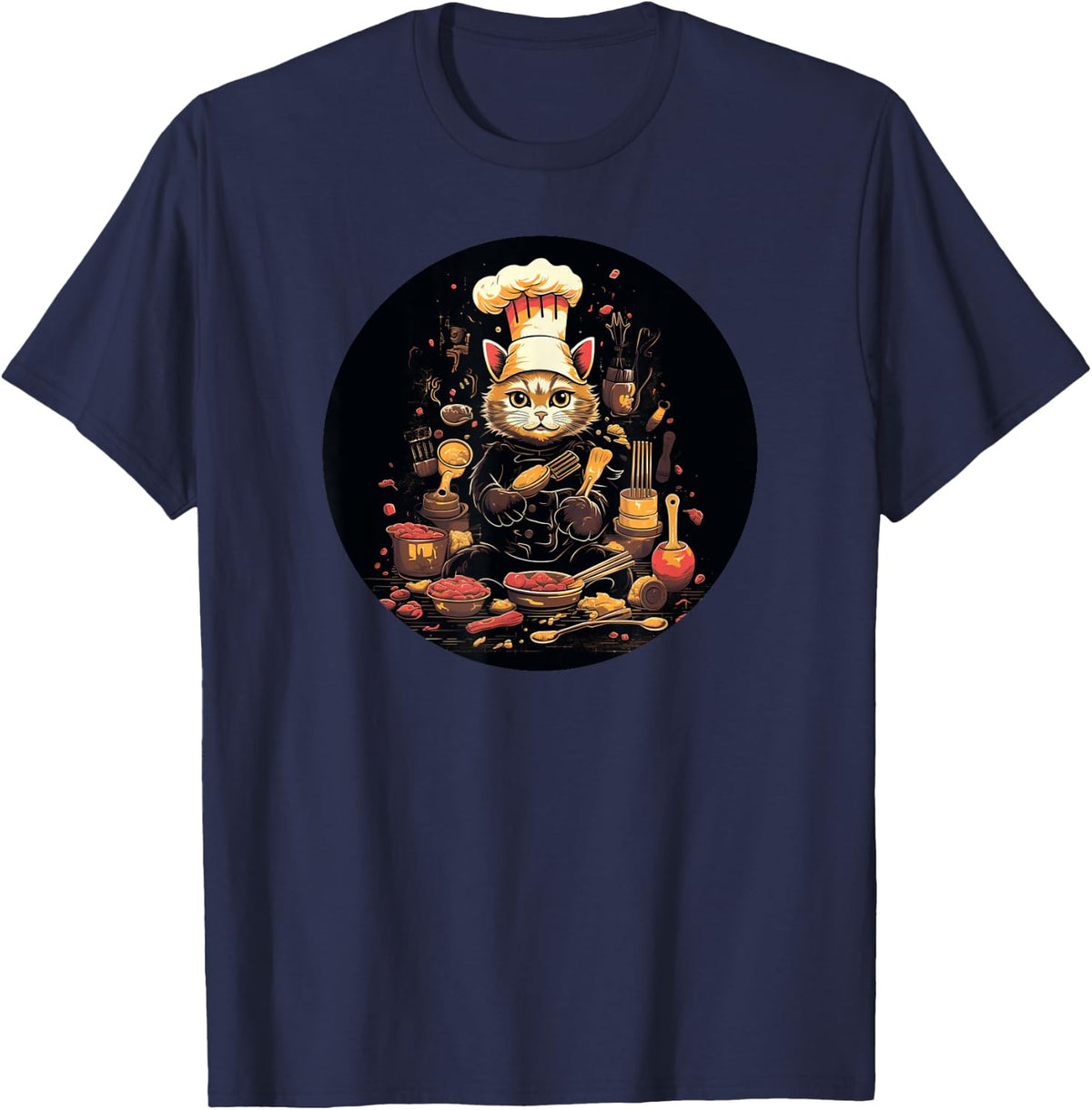 Cat Wearing A Chef's Hat And Apron Funny Cat T-Shirt - Navy Blue