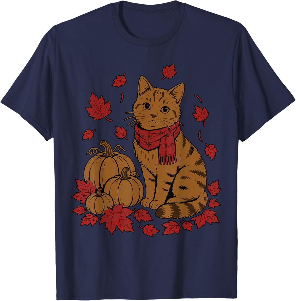 Autumn Tabby Cat Pumpkins and Maple Leaves T-Shirt - Navy Blue