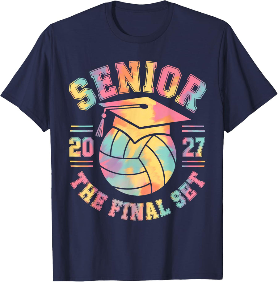 Tie dye Class of 2027 Senior Volleyball The Final Set Grad T-Shirt - Navy Blue