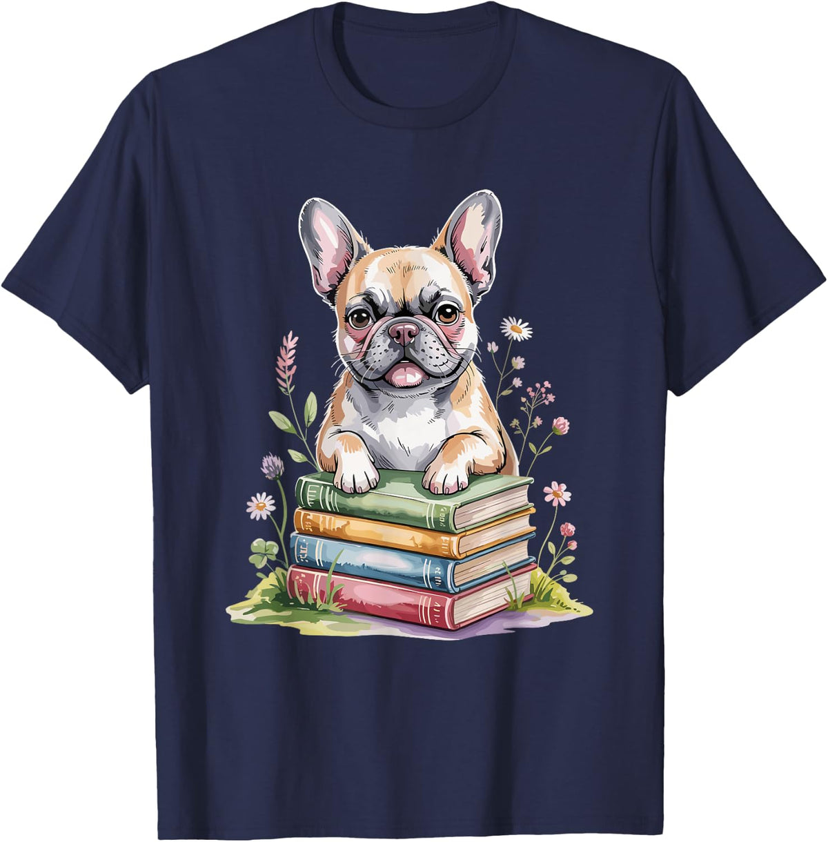 French Bulldog Frenchie Bookworm Flowers Book Reading Books T-Shirt - Navy Blue