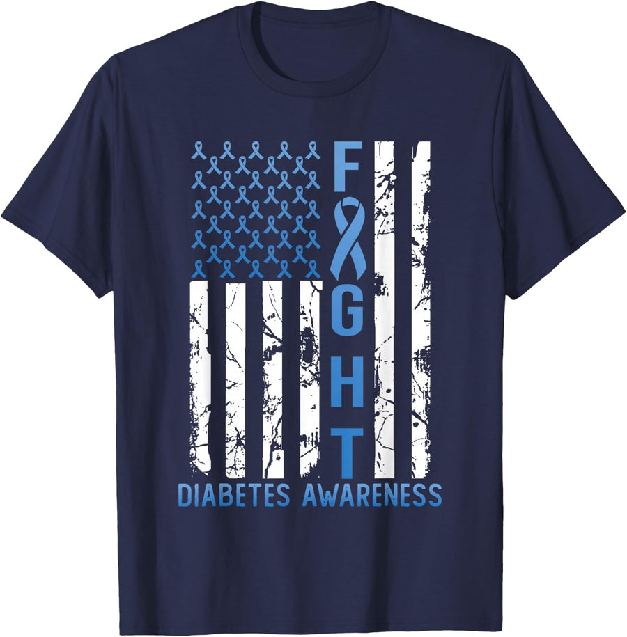 Support Fight USA Flag Type 2 Type 1 Diabetes Awareness T-Shirt - Navy Blue